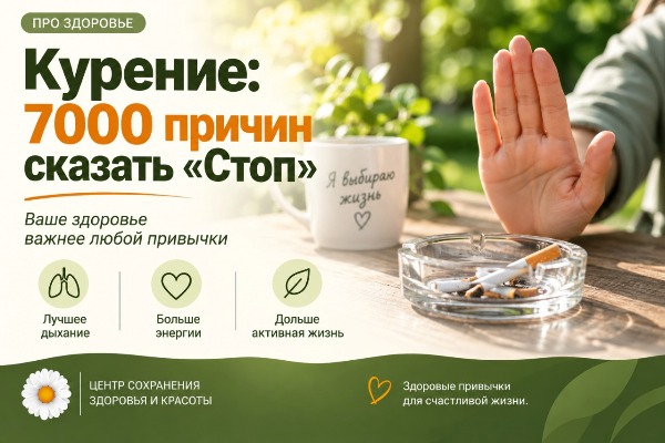 Курение: 7000 причин сказать «Стоп» и начать заботиться о здоровье Отказ от курения — рука показывает «стоп» рядом с сигаретами, статья о влиянии курения на здоровье.