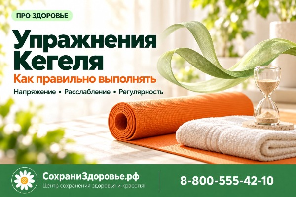 Упражнения Кегеля: как выполнять их правильно Инфографика о упражнениях Кегеля: заголовок «Упражнения Кегеля. Как правильно выполнять», подзаголовок «Напряжение • Расслабление • Регулярность». На фото — свёрнутый оранжевый коврик для фитнеса, сложенное белое полотенце, песочные часы, лёгкая зелёная лента, на фоне — размытые зелёные растения.