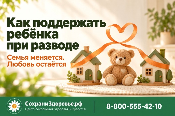 Развод родителей – проблема детей Инфографика о поддержке ребёнка при разводе: в центре — плюшевый медвежонок между двумя домиками, над ними лента в форме сердца. Заголовок: «Как поддержать ребёнка при разводе», слоган: «Семья меняется.
