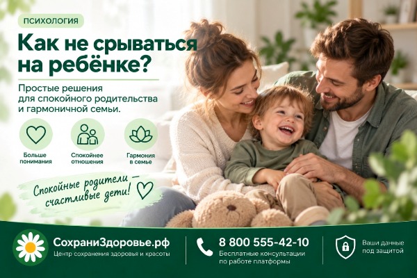 Как не срываться на ребёнке, когда он постоянно плачет или капризничает? Инфографика на тему психологии родительства: семья (мама, папа и смеющийся ребёнок) на фоне светлого интерьера; заголовок «Как не срываться на ребёнке?»