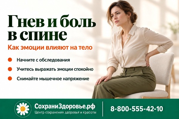 «Спина болит, потому что ты всё держишь в себе»: факты и заблуждения о подавленном гневе Инфографика о связи эмоций и боли в спине: заголовок «Гнев и боль в спине», подзаголовок «Как эмоции влияют на тело», рекомендации (начать с обследования, учиться выражать эмоции спокойно, снимать мышечное напряжение); справа — женщина в светлой рубашке и брюках сидит на стуле, придерживает поясницу, выражение лица напряжённое.