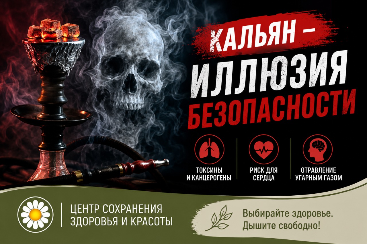 Кальян — иллюзия безопасности Инфографика с предупреждением «Кальян — иллюзия безопасности»: на переднем плане стилизованный кальян с тлеющими углями, на фоне — дым в форме черепа