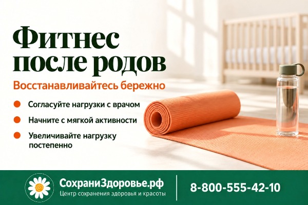 Декретный фитнес: как маме вернуть форму без ущерба для ребёнка Инфографика о фитнесе после родов: заголовок «Фитнес после родов», подзаголовок «Восстанавливайтесь бережно», рекомендации (согласование нагрузок с врачом, старт с мягкой активности, постепенное увеличение нагрузки); на фото — свёрнутый и расстеленный оранжевый коврик для фитнеса, бутылка с водой, на фоне — детская кроватка