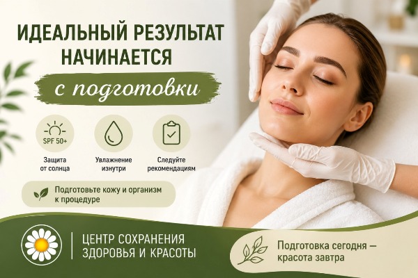 Как подготовиться к косметологическим процедурам в салоне, чтобы получить идеальный результат Инфографика: акцент на важности подготовки к косметологическим процедурам. Слева — ключевые рекомендации (SPF 50+, увлажнение, следование советам специалиста), справа — женщина в кресле, руки косметолога в перчатках поддерживают её лицо.