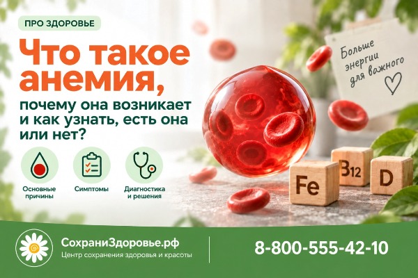 Что такое анемия, почему она возникает и как понять, есть она или нет Инфографика о анемии: крупный заголовок «Что такое анемия, почему она возникает и как узнать, есть она или нет?», визуализация эритроцитов в сфере и в свободном виде, деревянные кубики с обозначениями Fe, B12, D, иконки «Основные причины», «Симптомы», «Диагностика и решения»