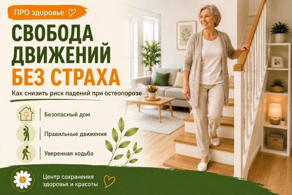 Свобода движений без страха при остеопорозе Женщина старшего возраста спускается по лестнице, держась за поручень, для профилактики падений при остеопорозе