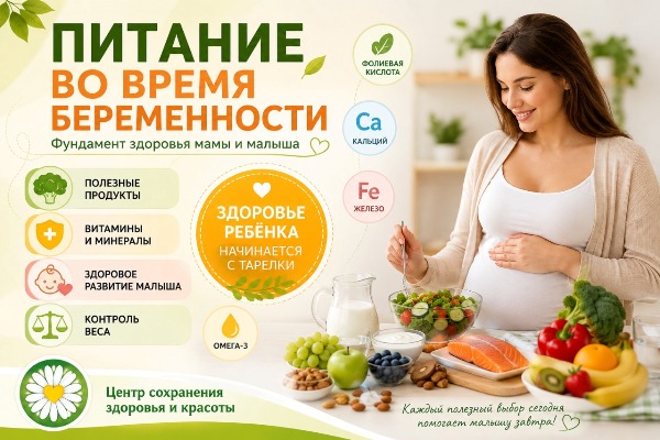 Питание при беременности: здоровье мамы и малыша Беременная женщина за столом с полезными продуктами, овощами, фруктами, рыбой и молочными продуктами. Баннер о правильном питании во время беременности от Центра сохранения здоровья и красоты.