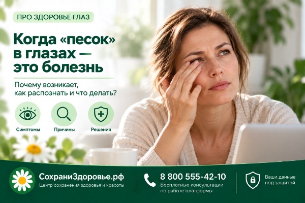 Когда «песок» в глазах — это болезнь Инфографика о дискомфорте в глазах («песок» в глазах). В центре — женщина, ощущающая дискомфорт и прикасающаяся к глазу; рядом — ноутбук и чашка.