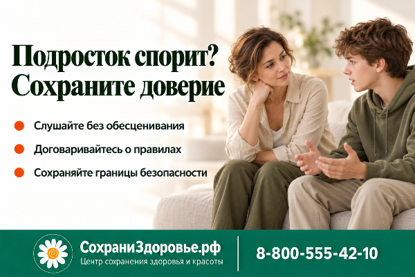 Подросток не слушается и постоянно спорит: как вести себя родителям Инфографика о взаимодействии с подростком: заголовок «Подросток спорит? Сохраните доверие», рекомендации (слушать без обесценивания, договариваться о правилах, сохранять границы безопасности); на фото — женщина и подросток на диване, ведут диалог, позы спокойные, выражают вовлечённость в разговор.
