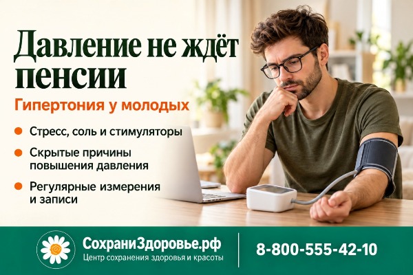 Гипертония у молодых: почему повышается давление у айтишников и любительниц фитнеса Инфографика «Давление не ждёт пенсии: гипертония у молодых»: мужчина в очках измеряет давление тонометром за рабочим столом, рядом ноутбук; перечислены ключевые факторы риска и рекомендации