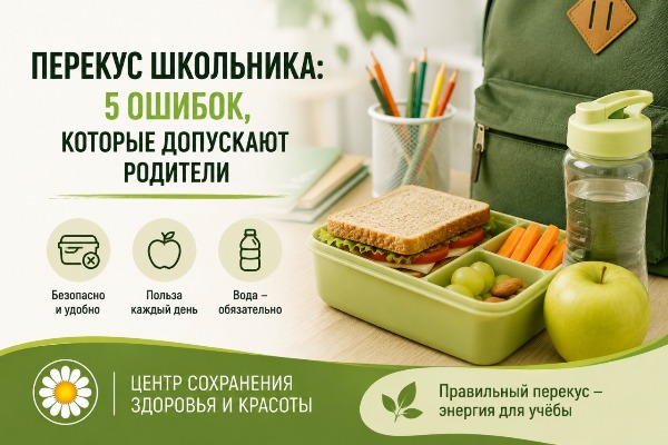 Не кладите это в рюкзак! 5 ошибок в перекусе школьника Инфографика о типичных ошибках родителей при сборе школьного перекуса демонстрирует сбалансированный вариант ланч‑бокса с полезными продуктами и напоминает о важности воды и удобства упаковки