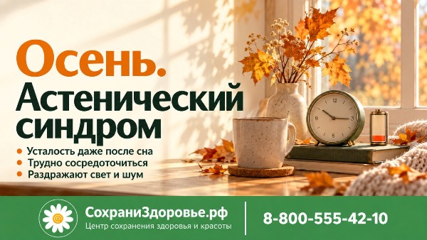 Осень. Астенический синдром Инфографика «Осень. Астенический синдром»: на фото — уютная осенняя сцена у окна (чашка, будильник, ваза с листьями, книги, вязаный плед), перечислены симптомы (усталость после сна, трудности с концентрацией, чувствительность к свету и шуму)